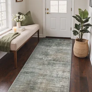 GENIMO Waschbarer Teppich Moosgrün 80 x 150 cm Modern Abstrakt Wohnzimmer Schlafzimmer rutschfest Kurzflor Weich Teppich für Wohnzimmer Esszimmer Büro