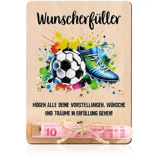 Fußball Geldgeschenk Verpackung, 13 x 10 cm mit Reagenzglas, Spardose Fussball aus Holz, Fussball Geschenke für Fussballfans
