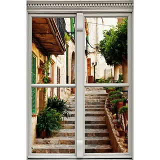 Queence Wandsticker "Treppe am Haus" Wandsticker, Wandbild, selbstklebend, 3D, Fenster, bunt