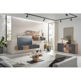 Valnatura Wohnwand , Anthrazit, Eichefarben , Holz, Glas , Kerneiche , massiv , 343x196x44 cm , Goldenes M , individuell planbar, Beimöbel erhältlich, hängend , Wohnzimmer, Wohnwände, Komplette Wohnwände