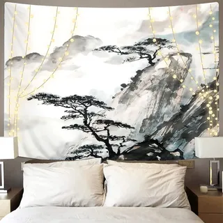 Japanische Asiatische Chinesische Landschaft Bergbäume Haus Dekor Wandteppich - Wandkunst Tapisserie für Räume - 148x200cm H/B