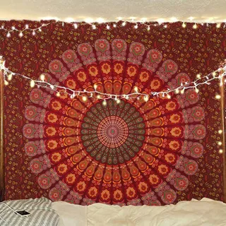 Bless International Indischer Hippie Bohemian Psychedelic Peacock Mandala Wandbehang Bettwäsche Tapisserieoth (Maroon Yellow, Queen(84x90Inches)(215x230Cms))