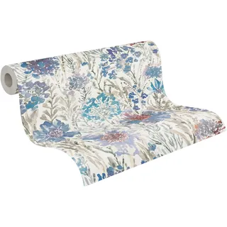 A.S. Création Blumentapete in Blau, Weiß, Grau - hochwertige Vliestapete floral 396953 - Designtapete gemalt auf 10,05m x 0,53m - Made in Germany