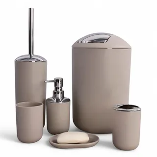 6tlg Badset Badezimmer Zubehör Set Organizer: Seifenspender, Zahnputzbecher, Kosmetikeimer, WC Bürste und Halter, Seifenschale, Mülleimer, Zahnbürstenhalter, Badgarnitur (Beige Design 2)