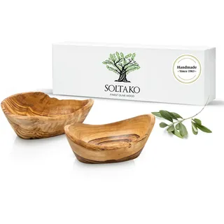 SOLTAKO Premium Schalen aus Olivenholz - 2er Set | Geschenkset mit Servierschalen & Snackschalen - handgefertigt aus massivem Olivenholz, ideal für Dips, Tapas & Snacks