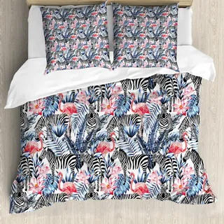 ABAKUHAUS Aquarell Bettbezug, Flamingo mit Zebra, Milbensicher Allergiker geeignet mit Kissenbezügen, 155 cm x 220 cm - 80 x 80 cm, Blau Schwarz Coral - Blau