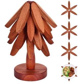 Untersetzer Baum Set - 4 Stück Untersetzer Holz mit Ständer,Weihnachtsbaum Topfuntersetzer Set,Faltbare Holzuntersetzer für heiße Gerichte, Pfannen und Teekannen