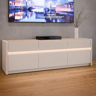 Forte Oak Squere TV-Board, TV-Schrank", beige Mauvella eiche, sand), B:160cm H:50,7cm T:41,5cm, Spanplatte, Sideboards, Lowboard, TV-Board, Beleuchtung, grifflos, Klappen