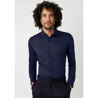 Langarmhemd DESOTO "Jerseyhemd Casual Kent langarm", Herren, Gr. L, N-Gr, blau (solid navy), Jersey, Obermaterial: 100% Baumwolle, slim fit, Manschette, Hemden Langarmhemd, Flexibler Stretch