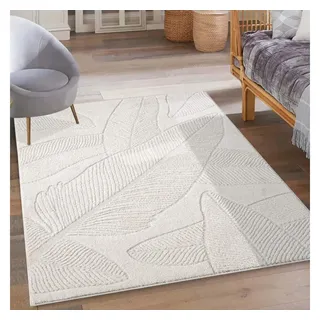Carpet City Kurzflor Teppich Creme - 120x170 cm - Wohnzimmer-Teppiche Hochtief-Muster, 3D-Effekt - Florales Muster - Flachflor Bodenbelag, Deko Schlafzimmer