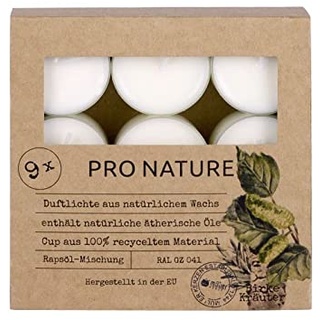 Müller Kerzen PRO NATURE Duftlichte mit Rapsöl - Birke & Kräuter - 9er Pack - 6 Stunden Brenndauer - Teelichter aus Natürlichem Wachs, Ätherischen Ölen - Hülle 100% recyceltes Material