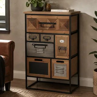 Apothekerkommode HWC-Q78, Schrank Highboard Schubladen Industrial Vintage/Shabby Holz Metall 84x53x31cm - Bunt