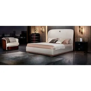 Bett Beige Leder Holz Schlafzimmer Lederbett Modern Design Möbel Luxus Doppel - Beige