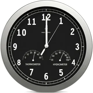 bonVIVO Funk Wanduhr Lautlos 30,5 cm – Funkuhr Wand Ohne Tickgeräusche – Große, gut lesbare Funkwanduhr mit Temperatur & Luftfeuchtigkeit – Moderne Wanduhr für Schlafzimmer, Küche, Büro - Schwarz