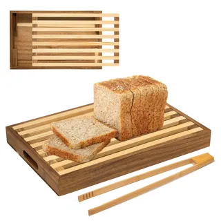 Pilikoll Brotschneidebrett mit Krümelfach Brotschneidebrett Bread cutting board mit Krümelgitter, Toastzange Schneidebrett Brot Schneidebrett mit Auffangschale für Brot, Baguette, Rolls