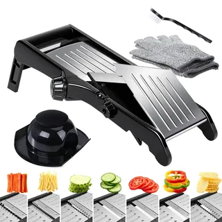 Gemüsehobel Mandoline, Masthome 10-in-1 Gemüsehobel Verstellbar, Edelstahl Gurkenhobel, Multifunktion Scheiben für Kartoffel, Zwiebel, mit 1 Anti-Schneid-Handschuhe,1 Reinigungsbürste