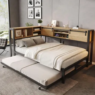 STILVORA Metallbett 120x200 cm mit Ausziehbett 90x190 cm, Doppelbett mit Stauraumschrank und Schiebetüren, Funktionsbett mit Ladefunktion und Holzoptik