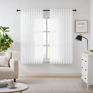 Melodieux Vorhänge Wohnzimmer Weiß, Gardinen mit Haken für Schiene Weiß, 225×137cm (H×B) 2er Set