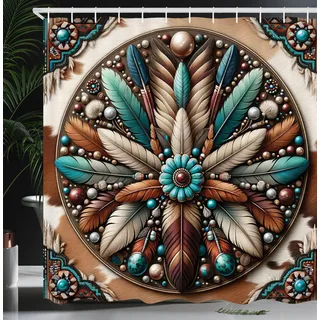 ABAKUHAUS Rustikal Duschvorhang, Südwestlicher Kreis Kranz aus Federn und ethnischen Perlen Look Print, Stoffliches Gewebe Badezimmerdekorationsset mit Haken, 175 x 200 cm, Türkis Rotbraun Tan