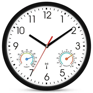 Ziprote Wanduhr Funk Uhr Mit Temperaturanzeige und Luftfeuchtigkeit Weiß Funkwanduhr Geräuschlos 25cm Modern Wanduhren Funkuhr Wand Lautlos für Wohnzimmer KüChe Schlafzimmer Büro (Schwarz)