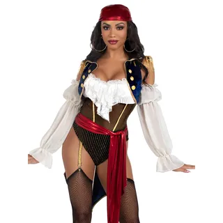 LEG AVENUE Buccaneer Beauty, 2 Stück, inklusive Strumpfband-Body mit Samt-Brokat-Schwanz, angenähter Taillengürtel und Kopftuch, mehrfarbig, Größe M