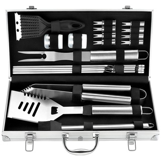 ROMANTICIST 20PCS Edelstahl Grillset für Geschenk - Edelstahl Grillzubehör Set im Aluminium - Professionelle Grillbesteck Koffer für Männer Frauen