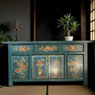 Asia Möbel Sideboard Kommode Schrank Hochzeitsschrank chinesisch orientalisch asiatisch fernöstlich exotisch Landhaus / Vintage-Stil komplett montiert - Blau