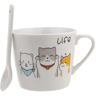 lachineuse - Tasse aus Porzellan Katze Happy & Löffel – Die 3 Katzen – Kollektion Life – 200 ml – Frühstück & Pause Entspannung – Kaffee, Tee, heiße Schokolade – Geschenkidee Asien, China, Japan –