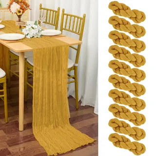 10 Stück Seihtuch Tischläufer Senfgelb,90 x 300cm Gelb Käsetuch Tischläufer Rustikaler Gaze Stoff Boho Cheesecloth Hochzeit Tischläufer für Hochzeitsfeier Brautparty Tischdekoration