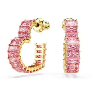 Swarovski Matrix Kreolen, Mehrfarbige und Vergoldete Ohrringe im Herz-Design mit Pinken Swarovski Kristallen im Baguette-Schliff, Größe: 1.9 x 0.5 cm