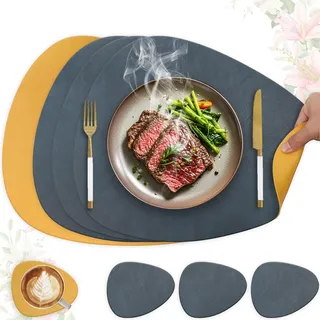 HELI MIAO 4er Set Tischset aus Leder-Imitat,Platzsets abwaschbar und wasserdicht,Platzdeckchen Lederoptik mit Untersetzer,Tischuntersetzer Doppelseitigen rutschfest(Oval,Blau+Gelb)