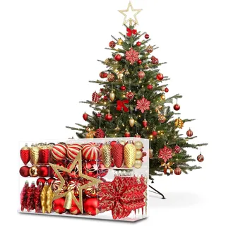 Wintem 106 Stück Christbaumschmuck in Rot und Gold mit Kugeln, Blumen und Sternen, bruchsicher für aufeinander abgestimmte Weihnachtsdekorationen, einfach aufzuhängen und wiederzuverwenden