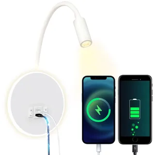 uksunvi LED-Wandleuchte Nachttisch-Lesewandleuchte 12W LED Wand-Leselampen verstellbarer Strahler 3W +9W 3000K Warmes Licht (USB Aufladen weiß)