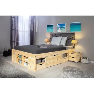 Inter Link - Funktionsbett - Bett mit Schubladen - Doppelbett 140 x 200 cm - 2 Große und 4 kleine Schubladen - Nachtkommode - Kiefer massivholz - Inkl Lattenrost - Natur lackiert - Claas