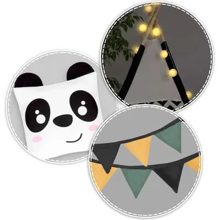 Nukido-Tipi-Zelt für Kinder mit Girlande und Lichterkette in Schwarz-Weiß mit Panda-Motiv