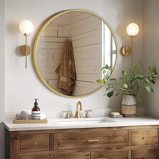 Melodieux Rund Wandspiegel 60 cm Gold Kreisförmiger Wandspiegel zum Aufhängen Dekorativer Kosmetikspiegel zur Wandmontage für Badezimmer Wohnzimmer Flur