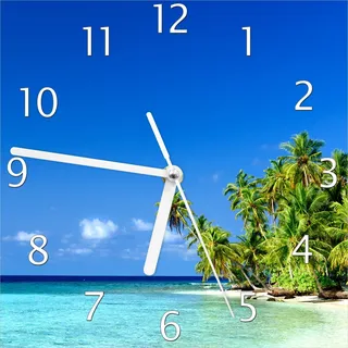 Wallario Design Wanduhr Blauer Himmel weißer Strand Palmen und das tiefblaue Meer aus Echtglas, Größe 20 x 20 cm - Blau