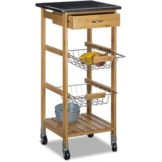 Relaxdays Küchenwagen Bambus ALFRED S mit schwarzer Marmorplatte HBT: 82,5 x 37,5 x 37,5 cm Küchenrollwagen mit Schublade als Servierwagen mit 2 Edelstahl Körben Rollwagen und Küchentrolley, natur