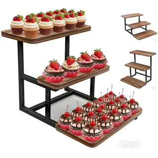 CASDUCT 3 Etagen Etagere Tortenständer/Cupcake Ständer aus Holz | Kuchenplatte Kuchenständer Halter Servierständer mit Metallgriff | für Geburtstag Nachmittagstee Party Hochzeit, 40CM*18CM Platz