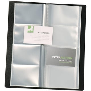 Visitenkartenbuch schwarz für 160 Karten Mappenformat ca. (BxH): 11,0 x 26,0 cm, für Visitenkarten 9,0 x 5,7 cm. Kunststoffmaterial mit glatter Oberfläche und fest eingeschweißten transparenten Hüllen