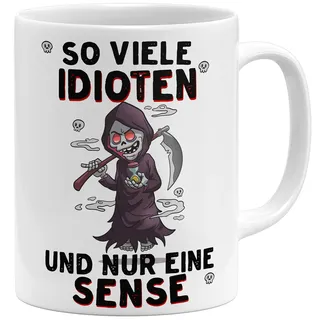OM3® lustige Sensenmann Kaffee-Tasse mit Spruch - So viele Idioten und nur eine Sense - Sarkasmus - Keramik Becher - 325ml - Beidseitig Bedruckt - Weiss