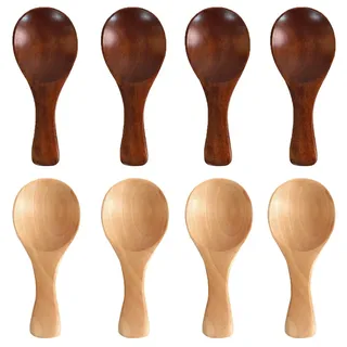 8 Stück Mini Holzlöffel, Kleiner Salzlöffel, Kurzer Griff Holzlöffel, 2 Farben, mit Kurzem Griff, für Kleine Marmeladengläser, Gewürze, Zucker, Honig, Kaffee, Tee, Senf, Eiscreme, Milchpulver