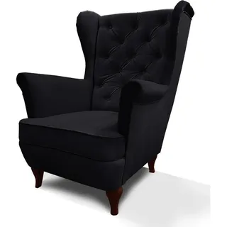 Beautysofa Chesterfield-Sessel Falco schwarz mit Holzbeinen , Schwarz , Textil , 82x102x92 cm , Wohnzimmer, Sessel, Ohrensessel