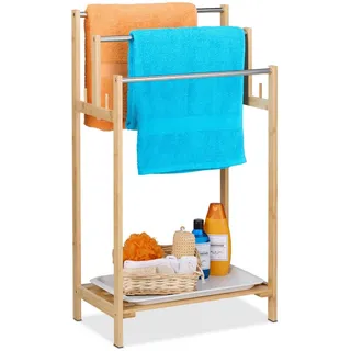 Relaxdays Handtuchhalter & Ablage, HxBxT: 90 x 51 x 30,5 cm, freistehend, Duschtuchhalter Bad, natur