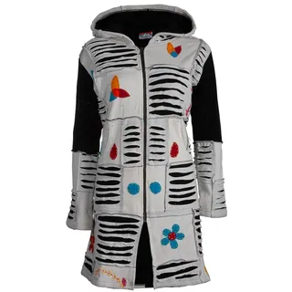 Strickmantel DEPROC ACTIVE "Patchwork Mantel Multicolor FLOWER POWER LIGHT GRAY mit Kapuze", Damen, Gr. 4XL(58), grau (hellgrau), 100% Baumwolle, Mäntel Strickmantel