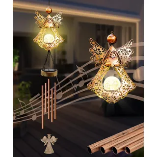 Yeomoo Metall Windspiel Garten mit Solar Engel Deko für Draußen: Windspiele Aufhängung Gartendeko Geschenke für Frauen Mama Geburtstagsgeschenk Glockenspiele für Terrasse Balkon Flur Kupfer