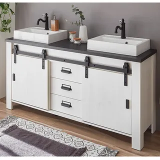 Badezimmer Doppelwaschtisch SHELTON-61 in Pinie weiß Nb. mit anthrazit, B/H/T: ca. 164/91/43 cm - Weiß