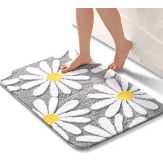 QJHOMO Grau Badezimmerteppich Niedliche Gänseblümchen Badematte rutschfest Waschbar Badteppich Weiße und Gelbe Blume Badvorleger Weiche Duschvorleger Absorbierende Badezimmer Teppich 60x90 cm
