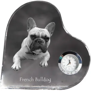 Französische Bulldogge - Kristalluhr mit einem Hundebild, Herzregal-Uhr, personalisierte Standuhr der Marke Art-Dog - Transparent