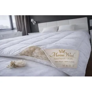 Merino Wolle Bettdecke Schurwolle Übergang KÖNIG BETTDECKE 220 x 240 cm, Mittelschwer 8-10 tog,Warm, 100% Merino-Schurwolle 100% Baumwolle